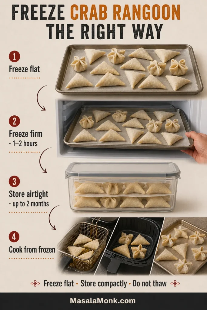 Four-stage guide showing uncooked crab rangoons frozen flat on a tray, placed in a freezer, packed airtight with parchment and cooked directly from frozen.