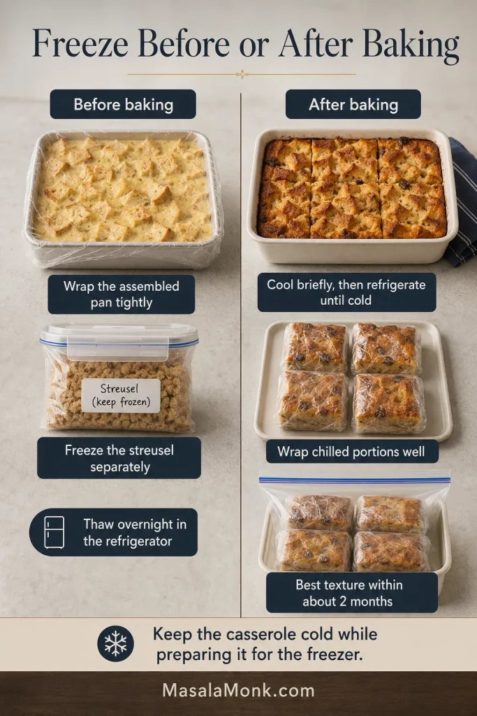 Freezing guide showing an unbaked wrapped casserole with separate streusel and baked portions chilled, wrapped and placed in a freezer bag.