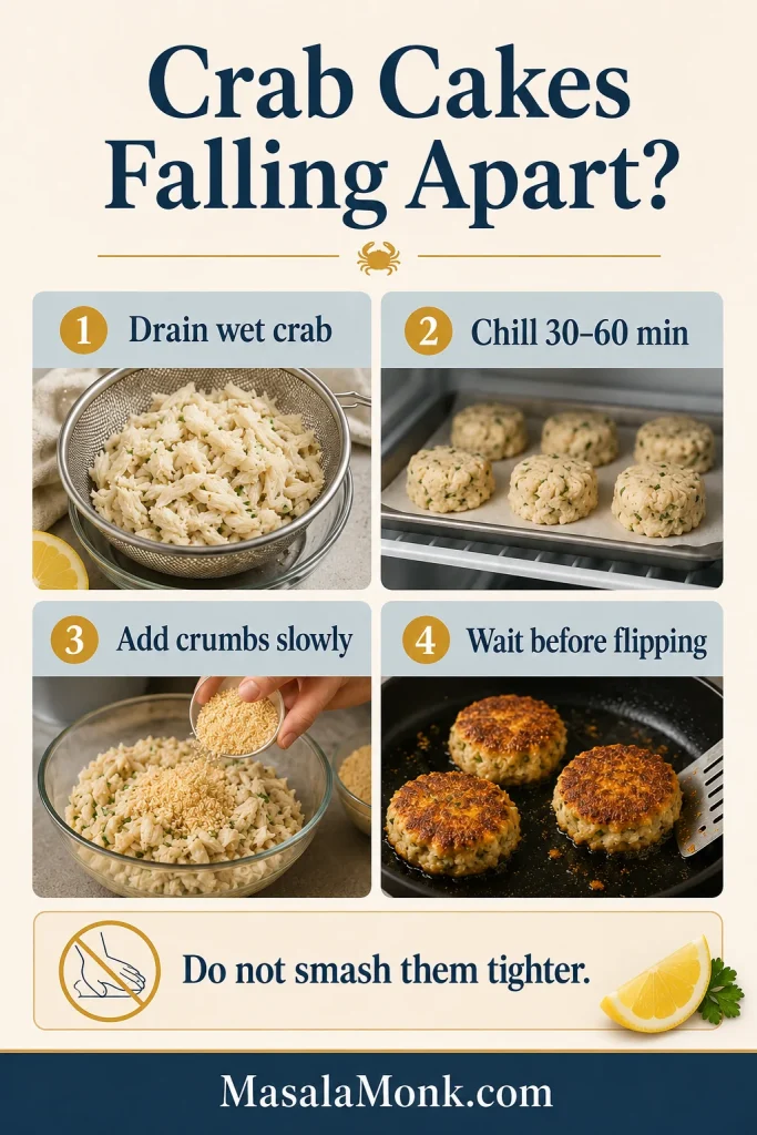Crab cakes falling apart troubleshooting board with quick fixes for moisture, chilling, crumbs, and flipping.