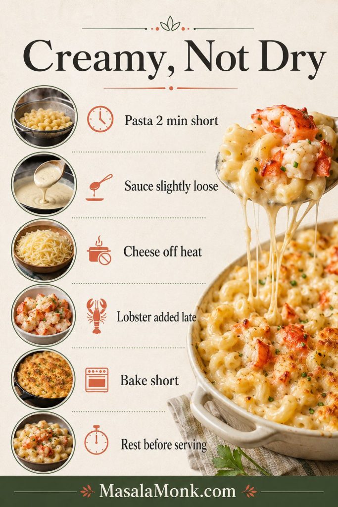 Infographic titled Creamy, Not Dry with tips for keeping lobster mac and cheese creamy, including cooking pasta short, keeping sauce loose, adding lobster late, baking short, and resting before serving.