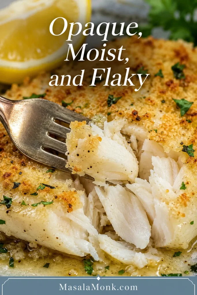 Close-up of baked haddock flaking apart with a fork, showing a moist opaque center and golden topping.