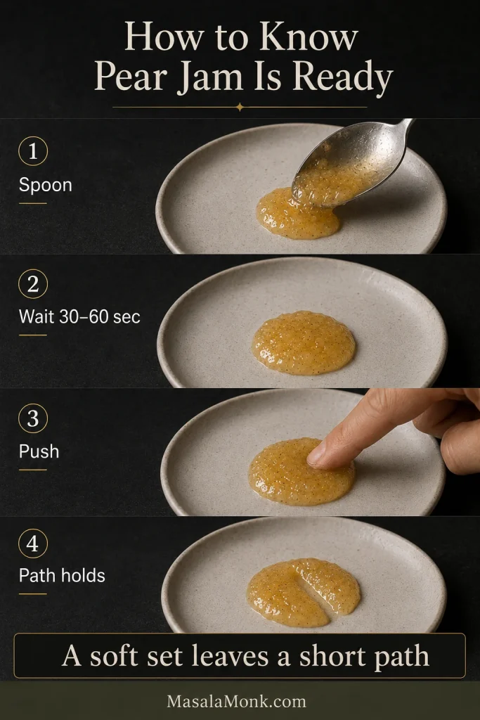 Pear jam is spooned onto a cold plate, cooled, pushed with a fingertip and shown leaving a short narrow track.