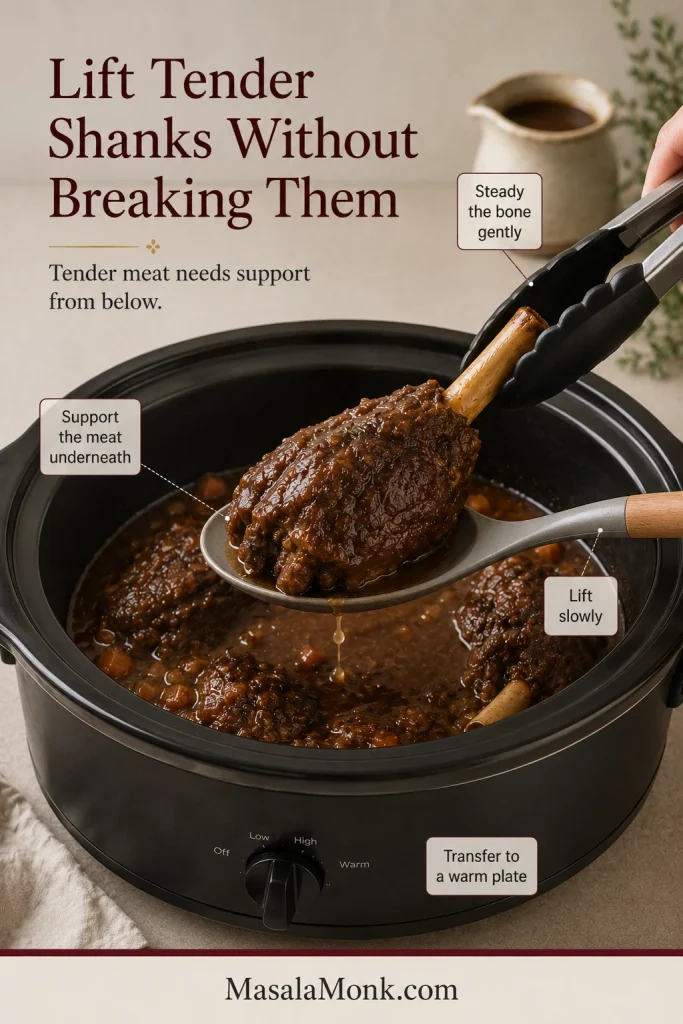 A wide spoon supports a tender lamb shank from below while tongs steady the bone during transfer.