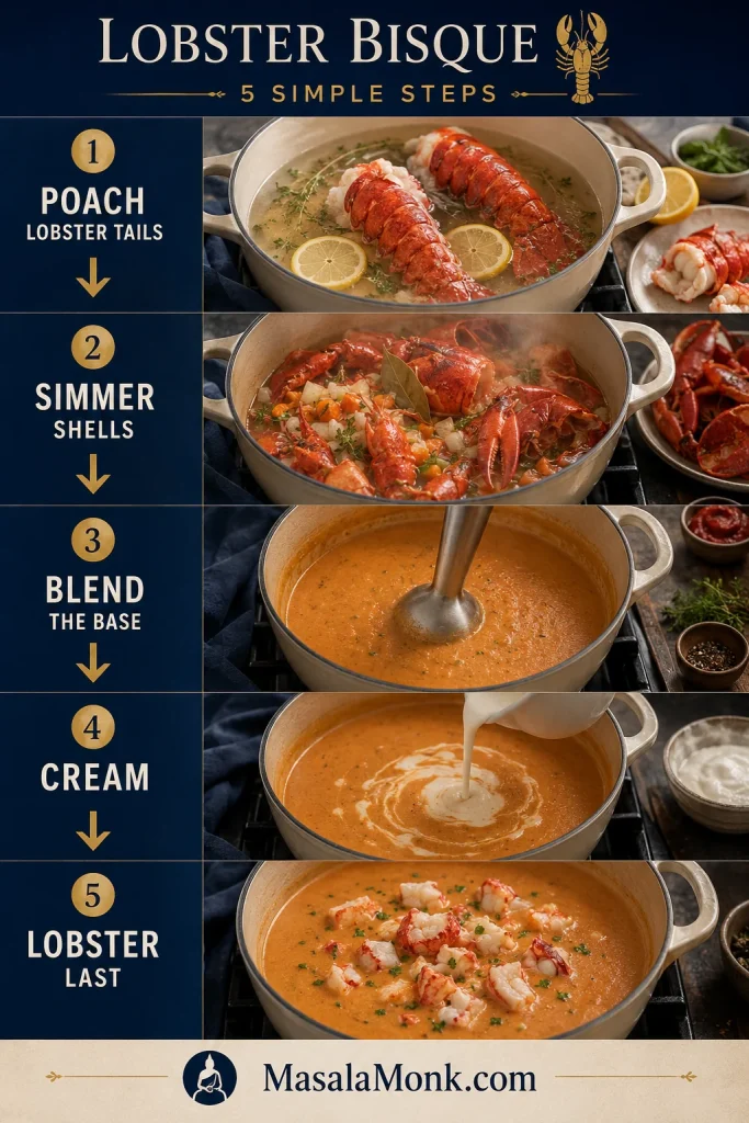 Vertical step-by-step guide showing lobster tails poaching, shells simmering, bisque blending, cream being added, and lobster added last.