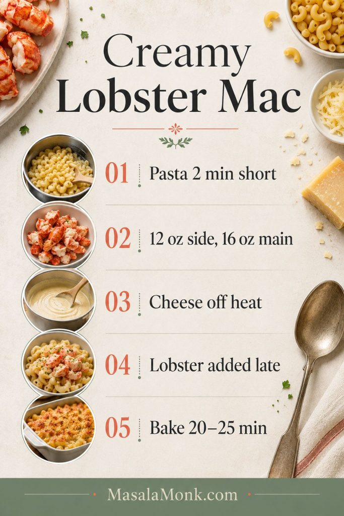 Vertical lobster mac and cheese guide showing tips for pasta timing, lobster amount, cheese melting, late lobster addition, and short baking.