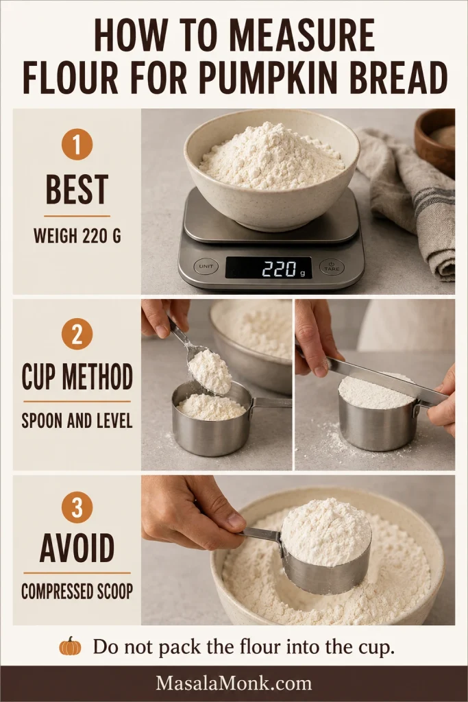 Flour measurement guide showing 220 g flour on a scale, spoon-and-level cup method and compressed scoop to avoid.