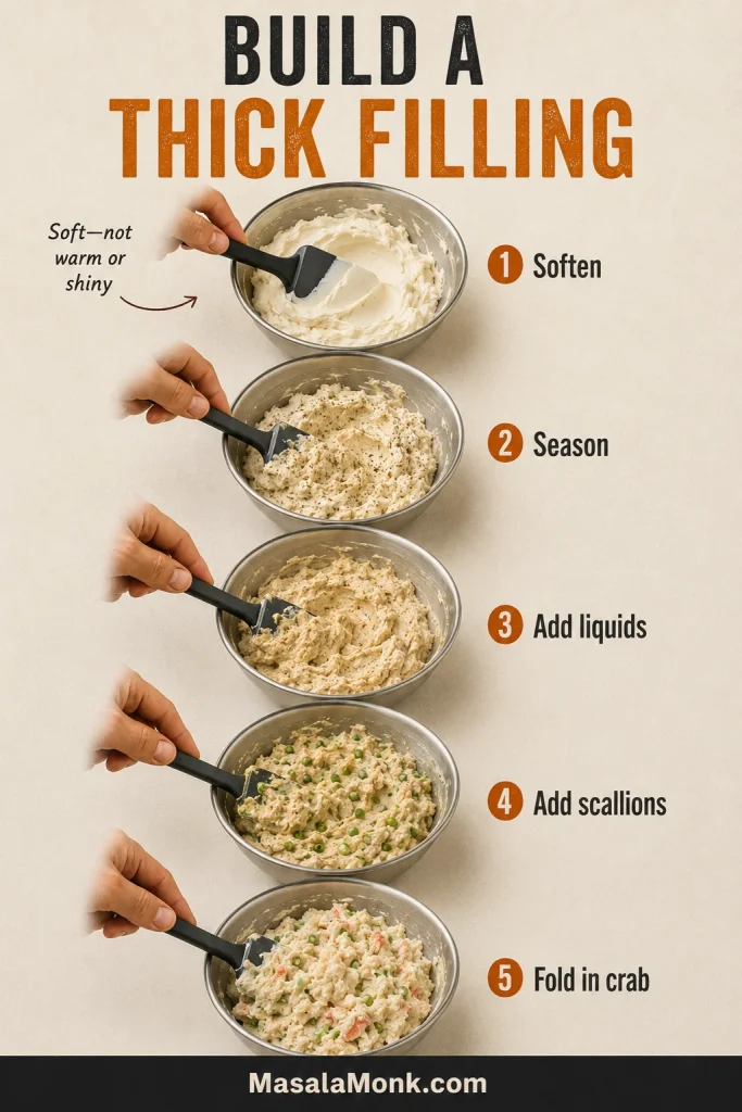 Five-stage preparation guide showing softened cream cheese combined with seasonings, liquid sauces, scallions and crab to produce a thick, evenly mixed filling.