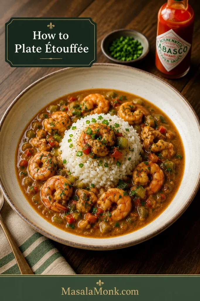 Cajun étouffée plated with rice in the center and sauce spooned around it