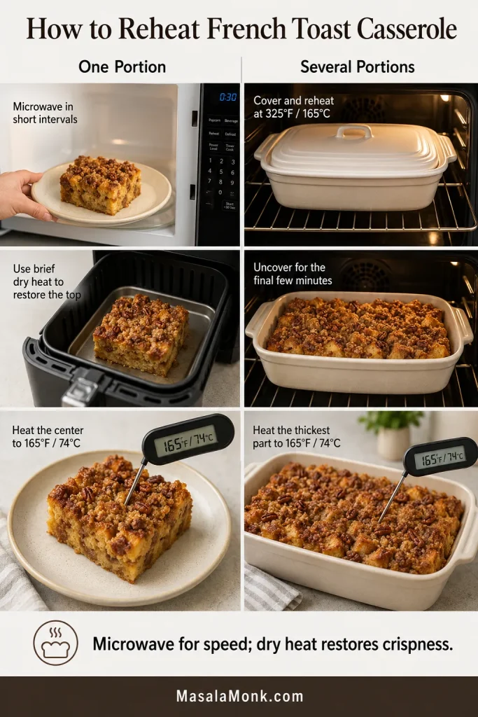 Guide showing one casserole portion microwaved and crisped separately, alongside several portions reheated covered and then uncovered in the oven.