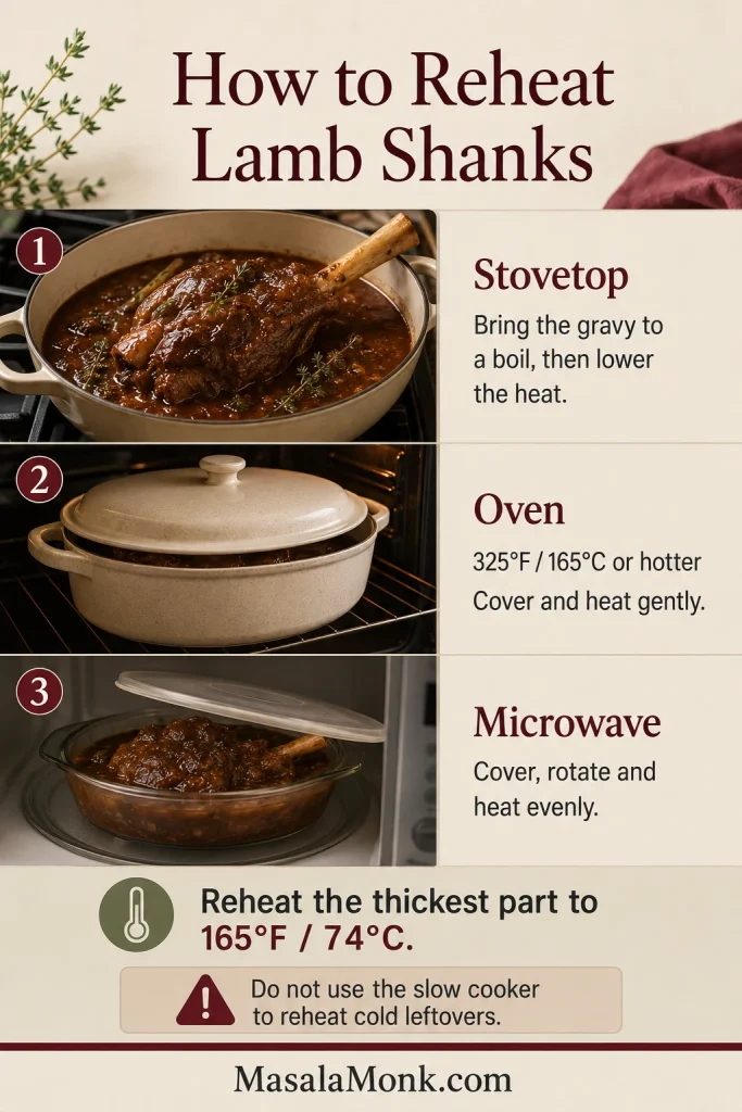 Three-method guide showing lamb reheated with gravy on the stovetop, in a covered oven dish and in a vented microwave container.