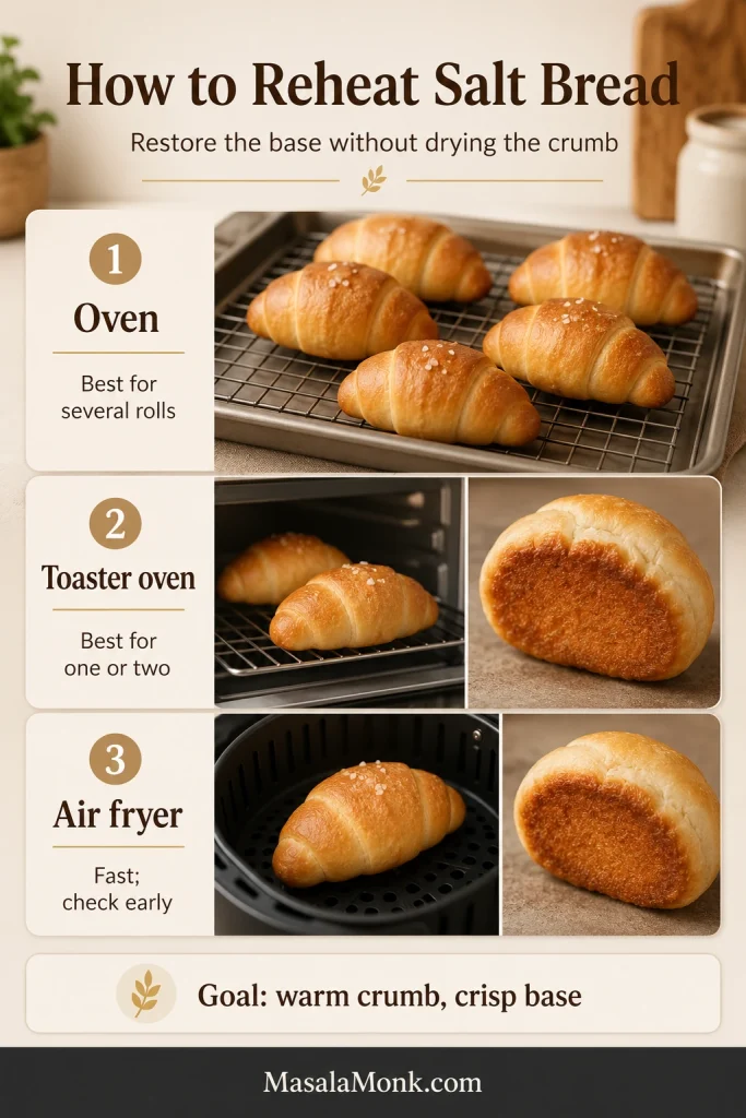 Reheating guide showing salt bread warmed in an oven, toaster oven and air fryer, with close-ups of crisp browned undersides.