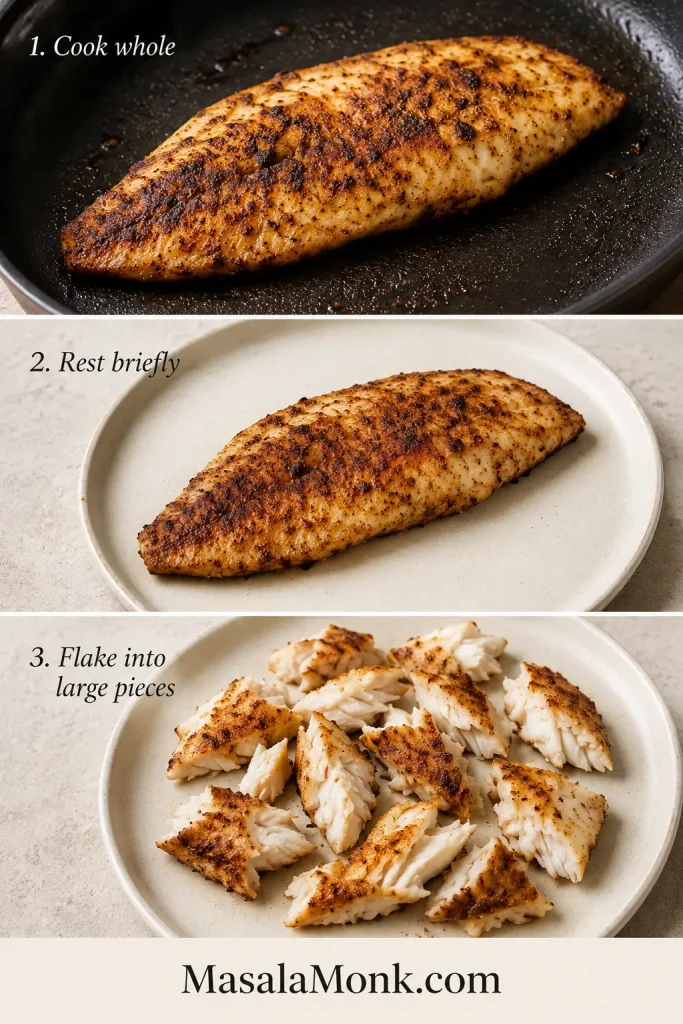 Three stages showing a whole tilapia fillet cooking, resting on a plate and separated into several large moist flakes.