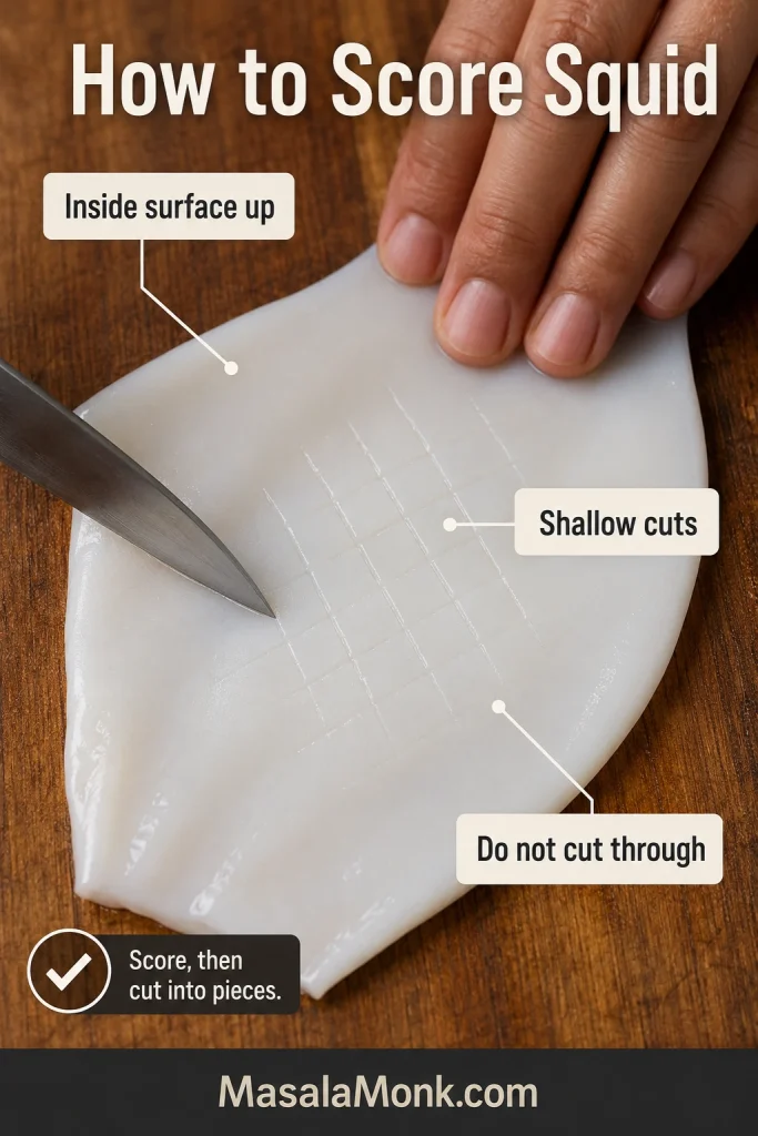 Knife making shallow crosshatch cuts on the smooth inside surface of an opened squid tube.