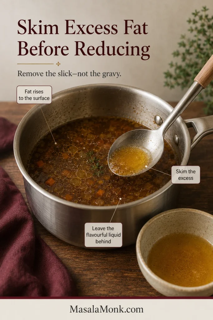 A spoon skims pale fat from the surface of dark lamb cooking liquid in a stainless saucepan.
