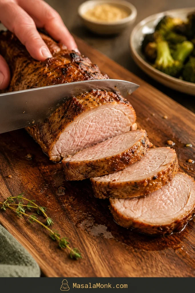 Cooked pork tenderloin being sliced with a knife into thick pieces on a wooden cutting board.