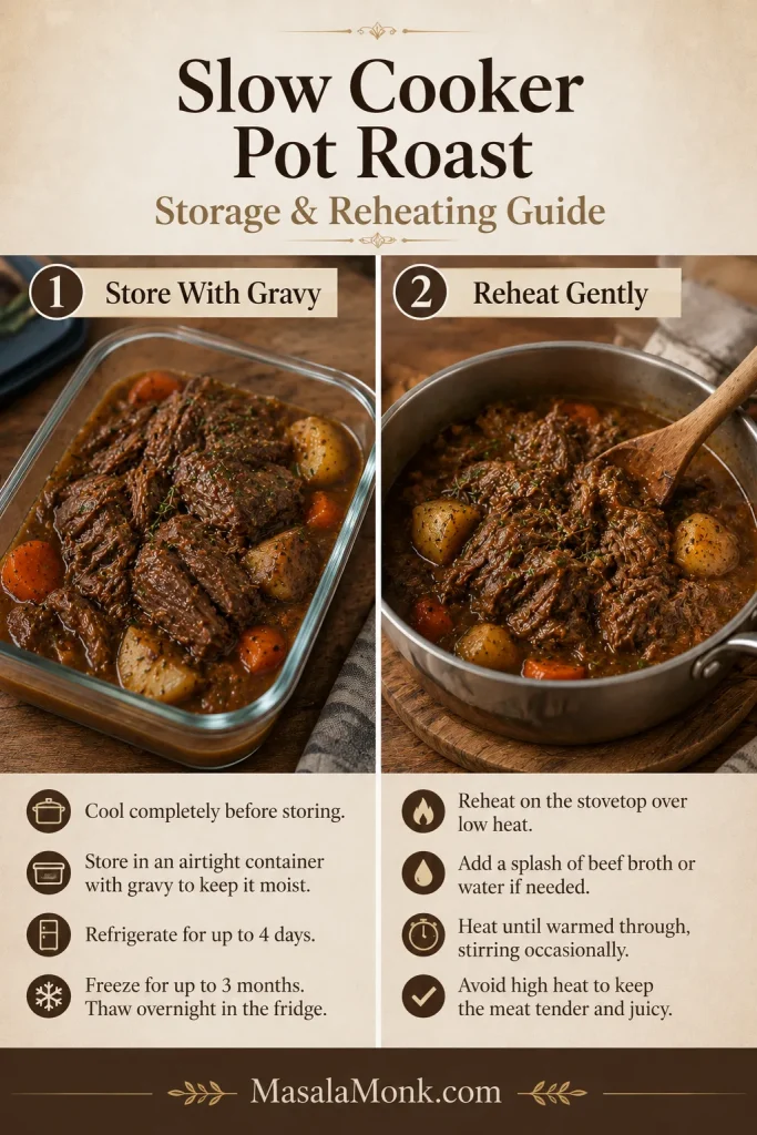 Storage and reheating guide showing pot roast stored with gravy in a container and reheated gently in a saucepan.