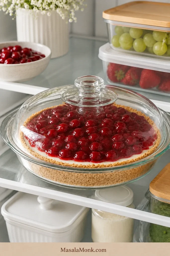 Covered cherry cream cheese pie stored on a clean refrigerator shelf with fruit containers nearby.