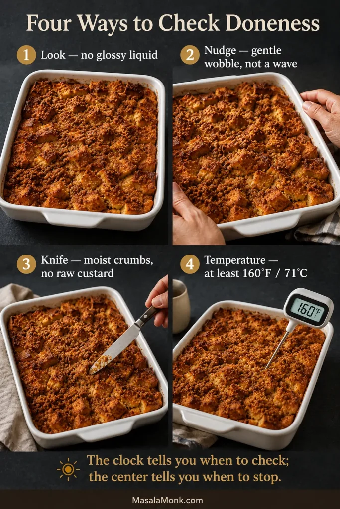 Doneness guide showing the casserole’s appearance, gentle wobble, knife test and a thermometer reading 160 degrees Fahrenheit or 71 degrees Celsius.