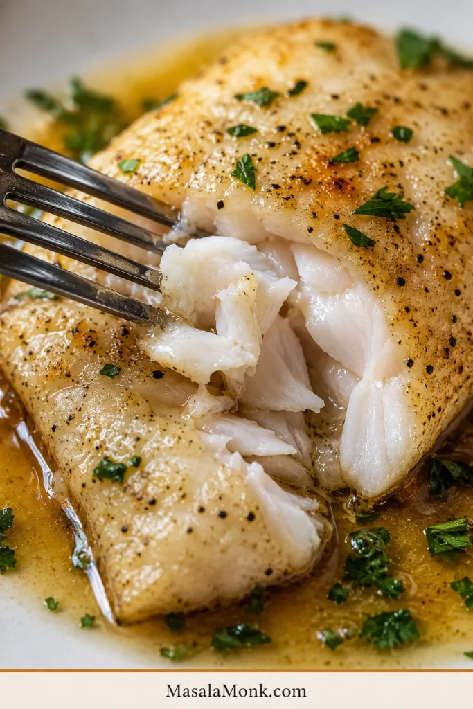 Cooked rockfish opened with a fork to show moist white flakes.