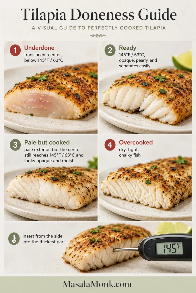 Four tilapia cross-sections showing translucent underdone fish, moist properly cooked fish, pale but cooked fish and dry overcooked fish, plus side-entry thermometer placement.