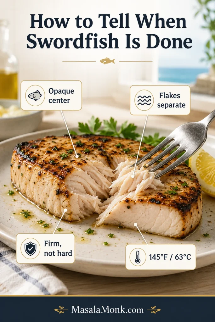 Doneness guide showing cooked swordfish flaking with a fork and callouts for opaque center, flakes separate, firm texture, and 145°F / 63°C.