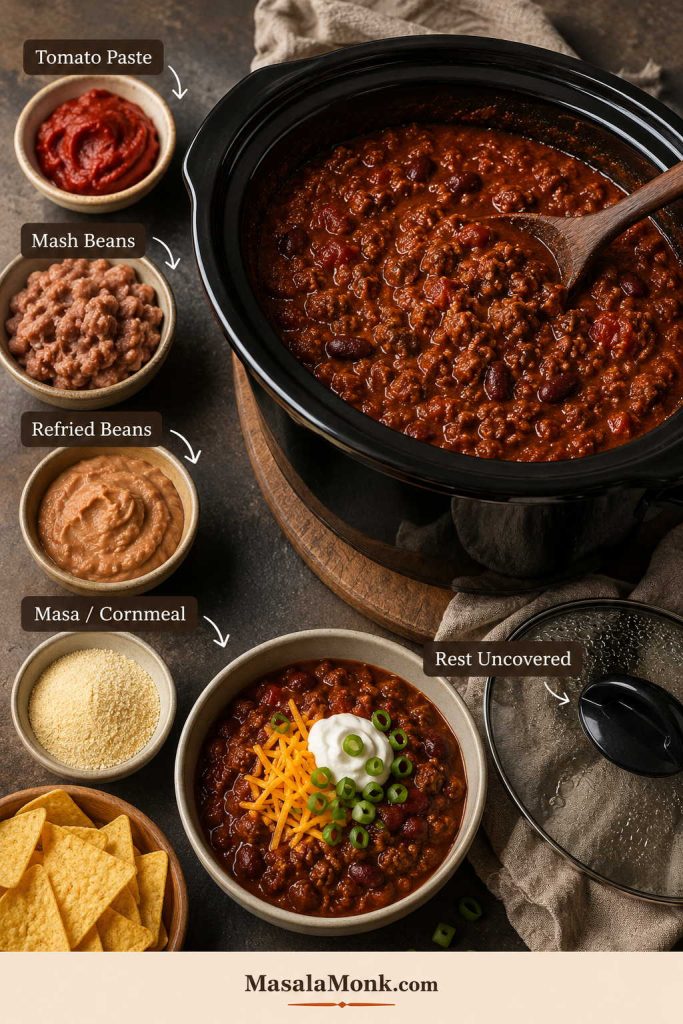 Guide showing ways to thicken crockpot chili with tomato paste, mashed beans, refried beans, masa or cornmeal, and resting uncovered
