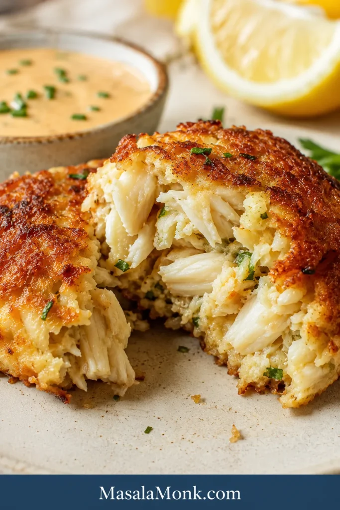 Split-open lump crab cake showing a crab-heavy interior with little filler and a crisp golden crust.