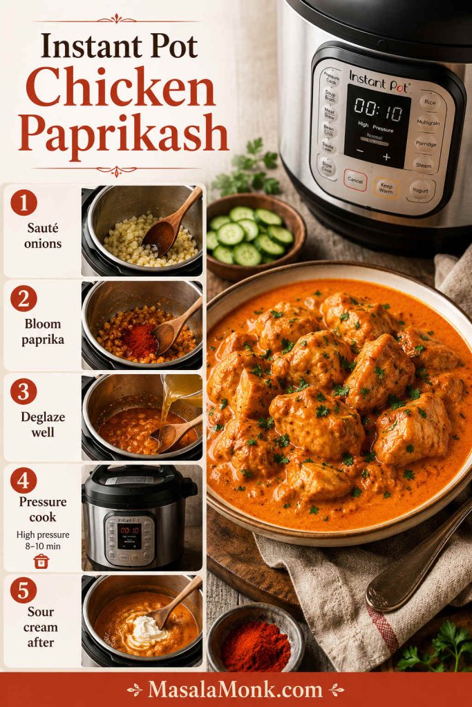 Instant Pot chicken paprikash step guide showing sautéing onions, blooming paprika, deglazing, pressure cooking and adding sour cream after cooking.