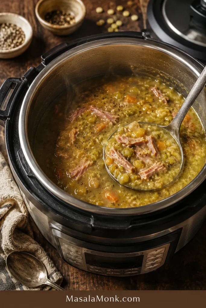 Instant Pot filled with pea and ham soup, shredded ham, split peas, carrots, steam, and a ladle.