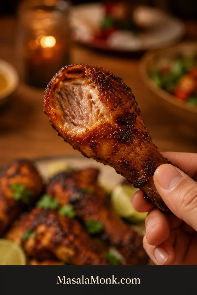 A hand holding a cooked chicken drumstick with one bite taken, showing browned skin and juicy cooked dark meat against a blurred dinner table.