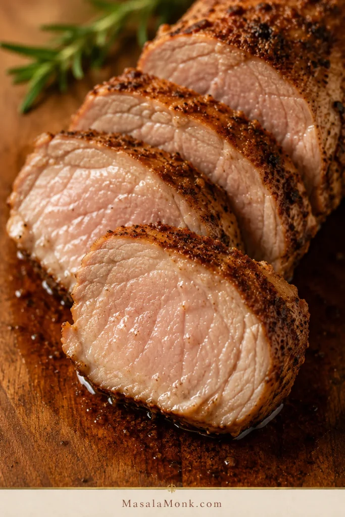 Close-up of sliced air fryer pork tenderloin with browned crust, moist center, and juices on a wooden cutting board.