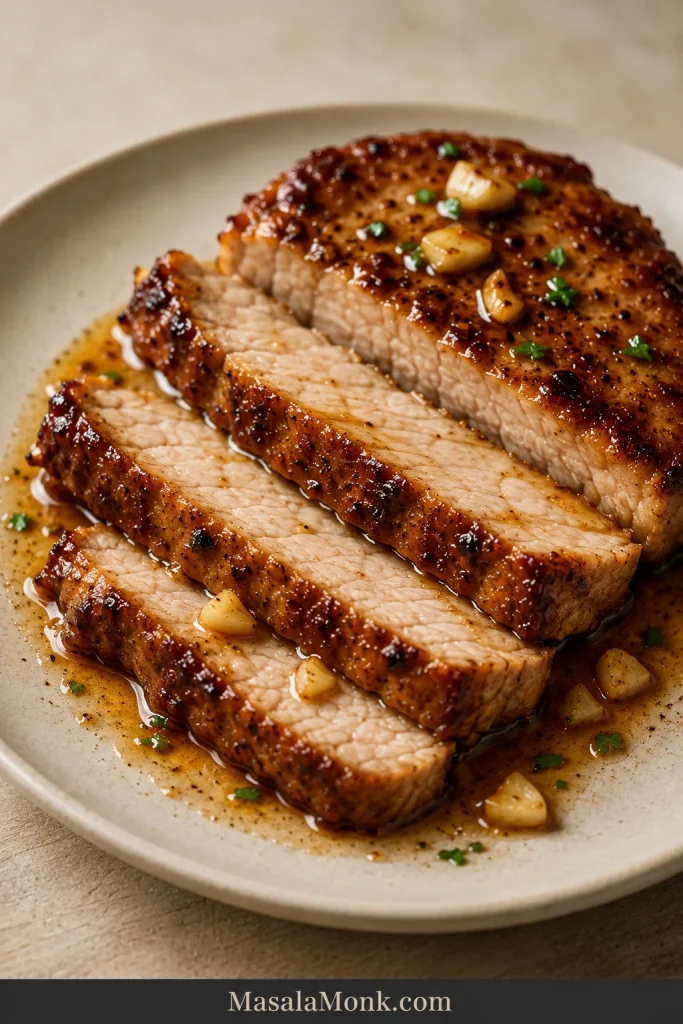 A glazed pork chop sliced into thick pieces, showing a moist, fully cooked interior, browned edges and a small pool of amber sauce.