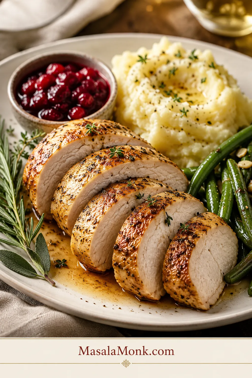Juicy oven-baked turkey tenderloin sliced into medallions with mashed potatoes, green beans, cranberries, and pan juices.