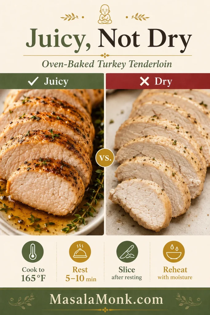 Juicy versus dry turkey tenderloin comparison with tips to prevent dryness.