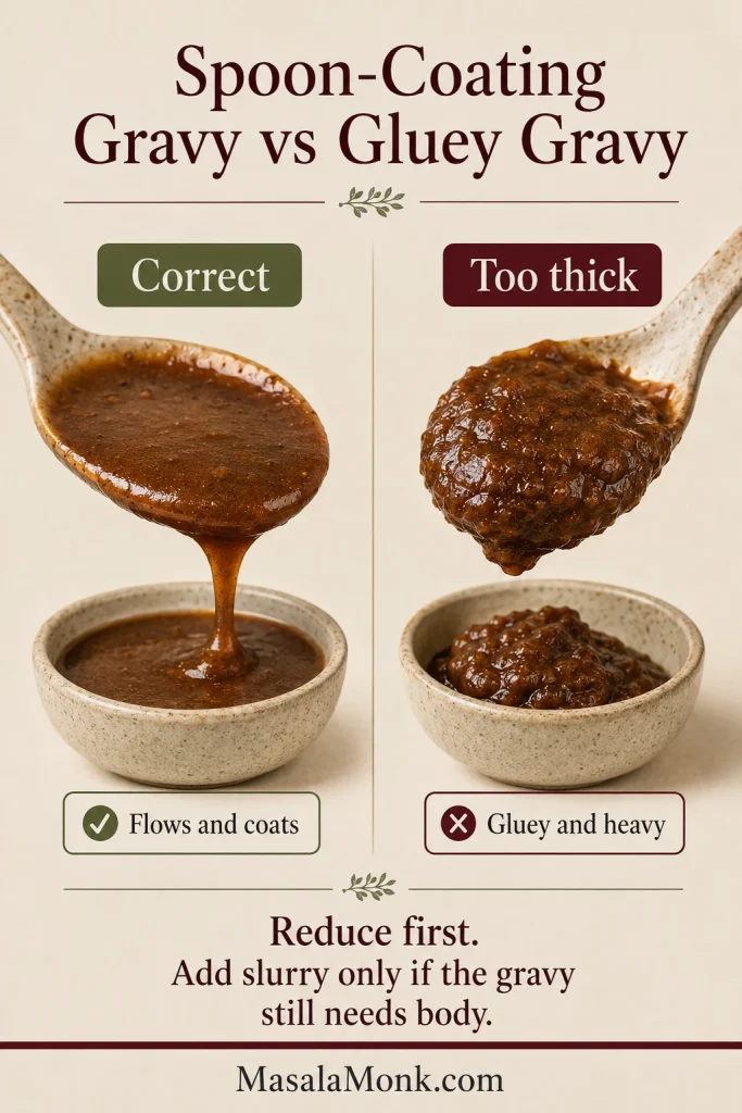 Two spoons compare smooth flowing gravy with thick, gluey gravy that clings in a heavy mound.
