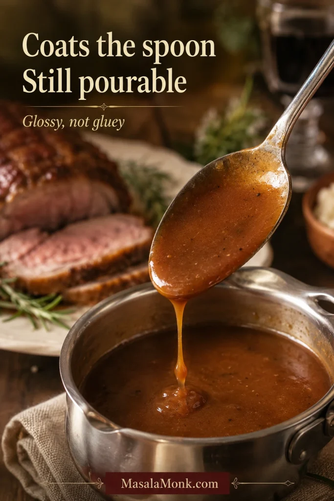 Spoon lifted from a saucepan of glossy brown lamb gravy, with gravy coating the spoon and dripping back into the pan.