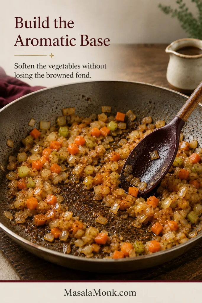 Onion, carrot and celery cooking in a wide pan with dark lamb fond visible beneath the vegetables.