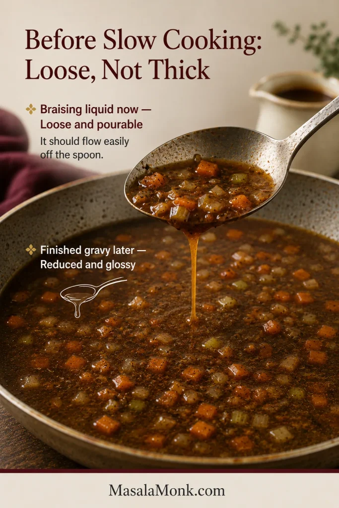 Loose brown braising liquid with vegetables running from a ladle to show its pourable texture before slow cooking.