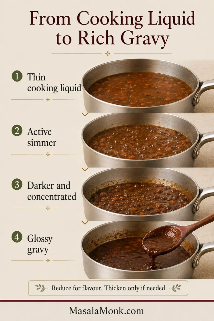 Four saucepan images show lamb cooking liquid progressing from thin to simmering, concentrated and glossy.