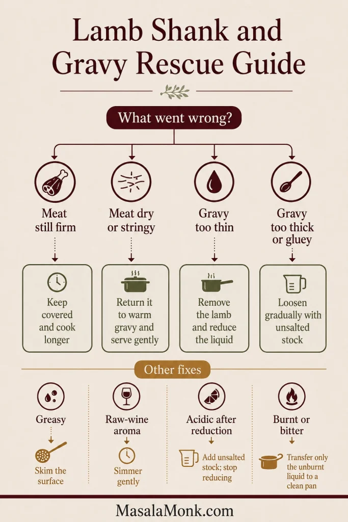 Troubleshooting flowchart lists fixes for firm or dry lamb and gravy that is thin, thick, greasy, acidic, wine-scented or bitter.