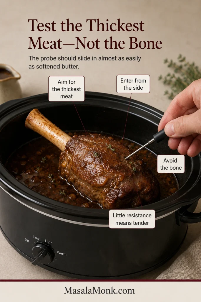 A thin probe enters the side of the thickest meat on a cooked lamb shank while avoiding the bone.