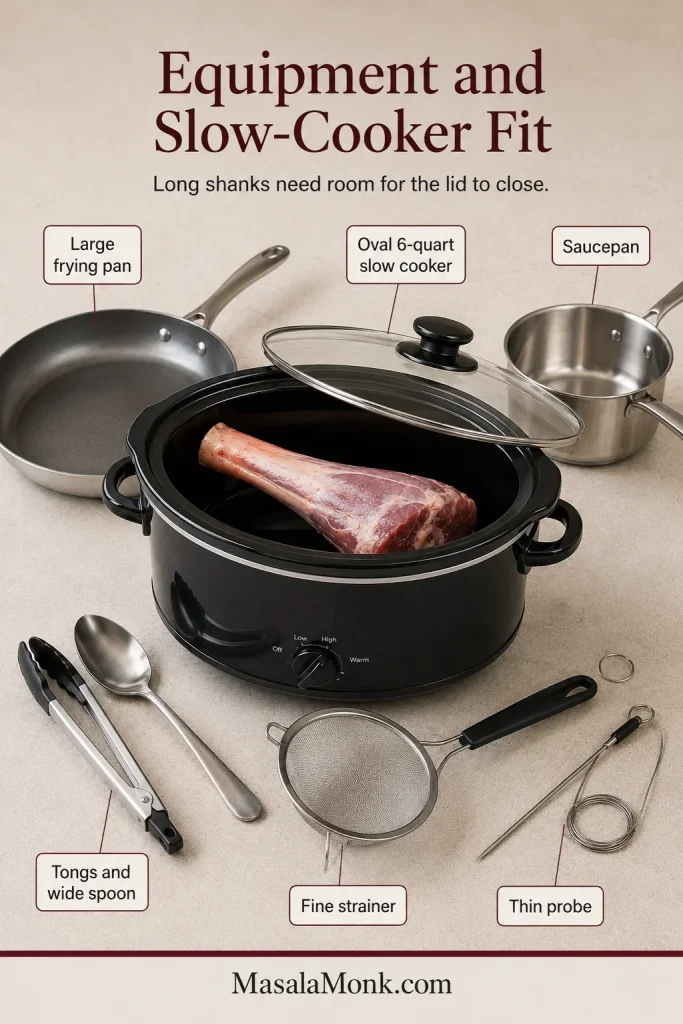 Equipment layout with an oval slow cooker, frying pan, saucepan, tongs, wide spoon, strainer and thin probe.