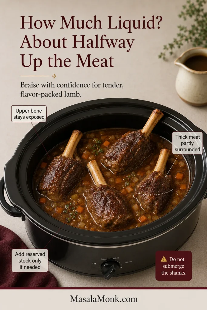 Four lamb shanks in a slow cooker with braising liquid reaching roughly halfway up the thick meat and the bones exposed.