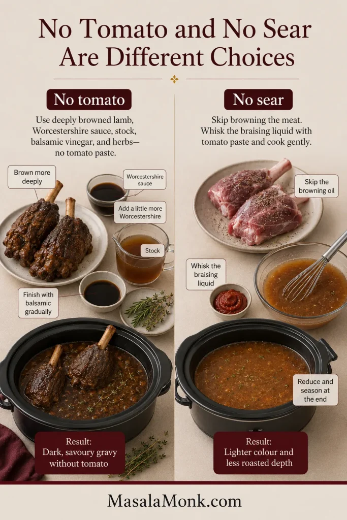 Comparison graphic showing browned tomato-free lamb shanks beside an unseared tomato-based version with lighter gravy.