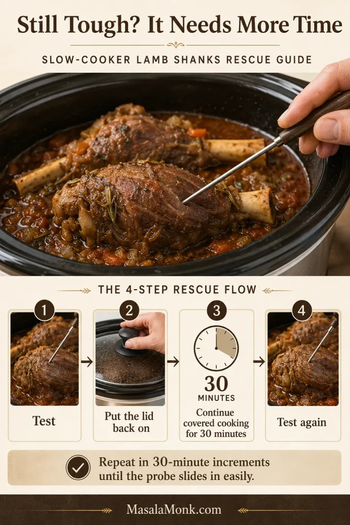 Slow-cooker lamb shank rescue infographic showing four steps: test the meat, put the lid back on, cook covered for 30 minutes and test again.
