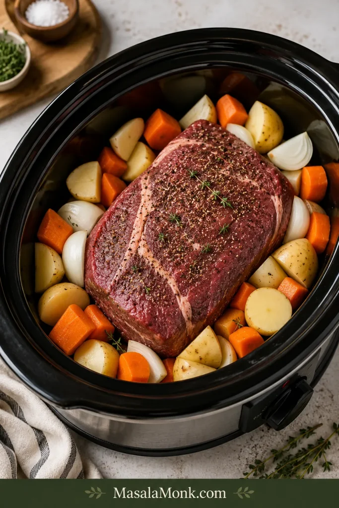 Potatoes, carrots, onions, and chuck roast layered in a slow cooker for pot roast.