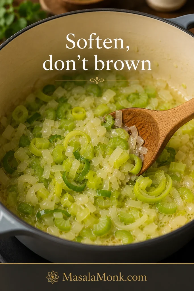 Leek, onion, and celery softening in butter in a pan with a wooden spoon and the text “Soften, don’t brown.”