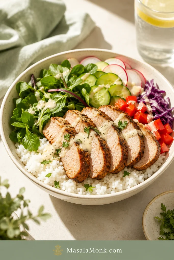 Rice bowl with sliced pork tenderloin, white rice, leafy greens, cucumber, radish, red pepper, purple cabbage, herbs, and sauce.