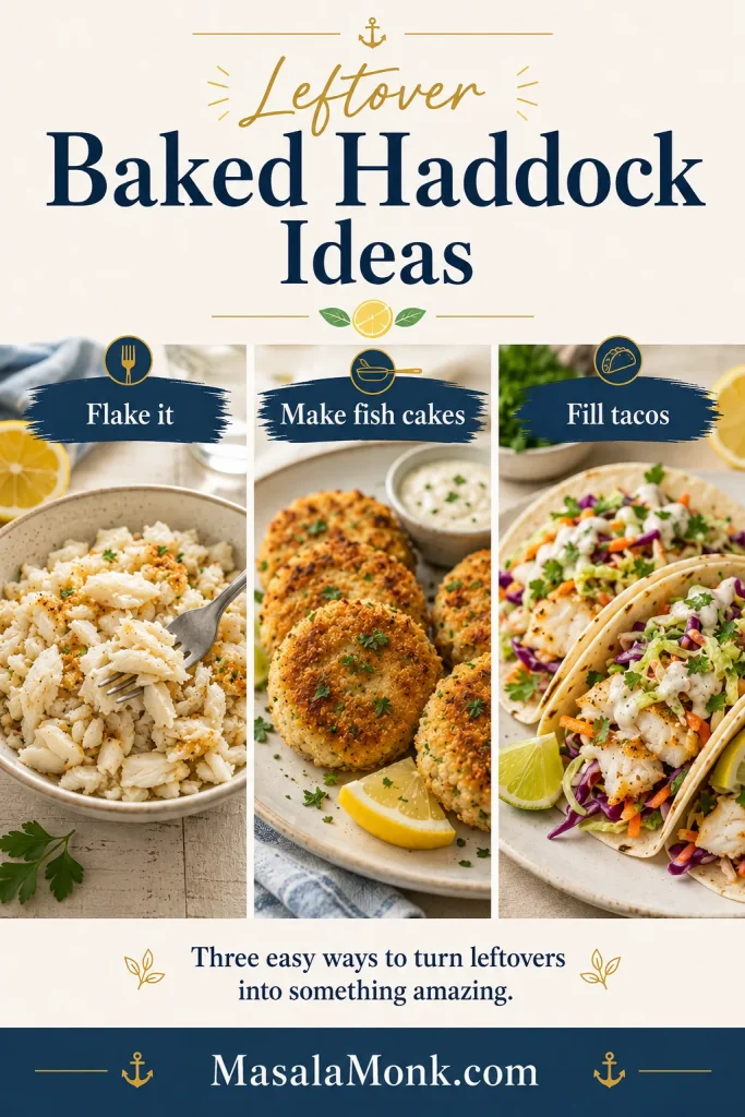 Three-panel guide showing leftover baked haddock as flaked fish, golden fish cakes, and fish tacos with slaw and lime.