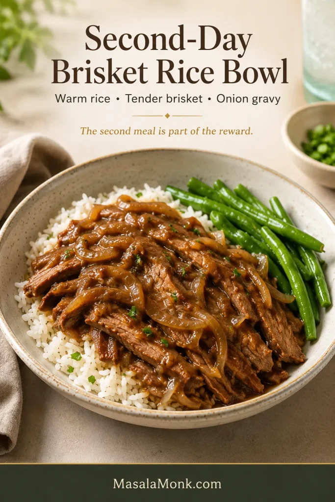 Shallow bowl of fluffy white rice topped with tender leftover brisket, brown onion gravy, softened onions and bright green beans.